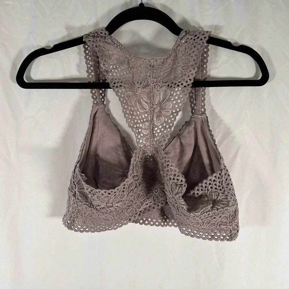 aerie Bralette Women's Large Dark Pink Floral Lace Open Knit Straps Pull On